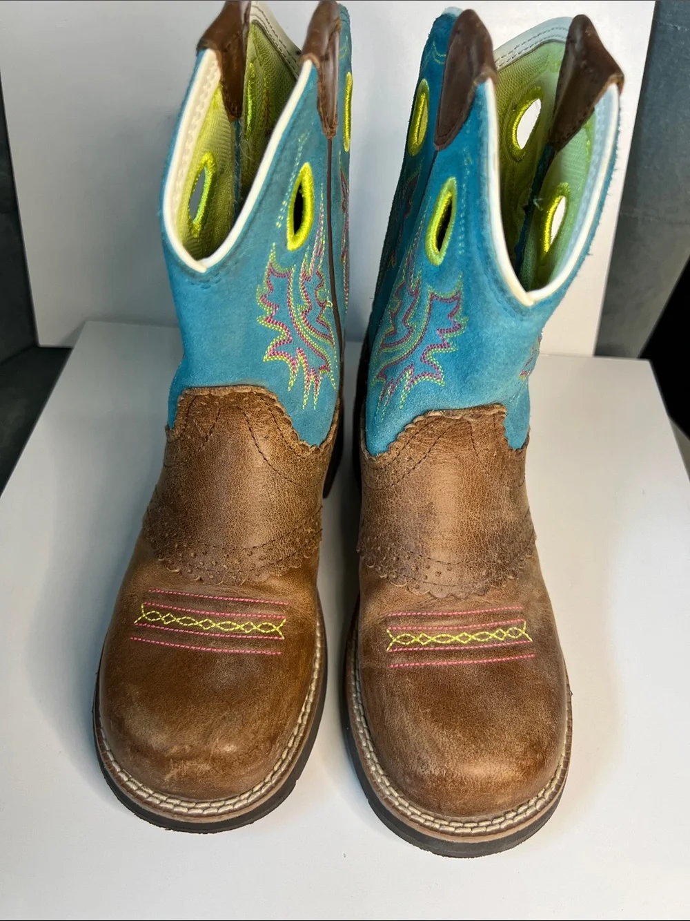 Ariat Kids Youth Fatbaby Cowgirl Western Brown Boots Size 1 Teal Pink Lime